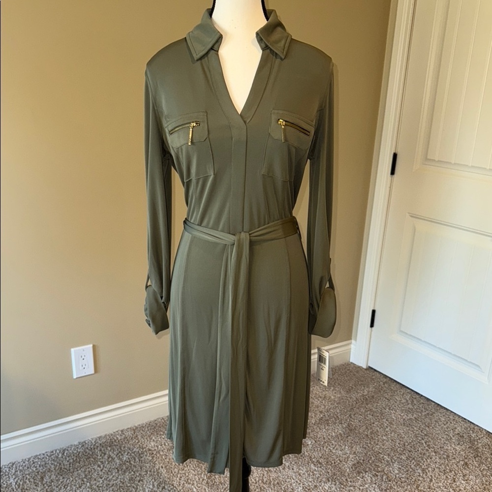 INC International Concepts Olive Green Belted Sheath Dress Long Sleeve Collared